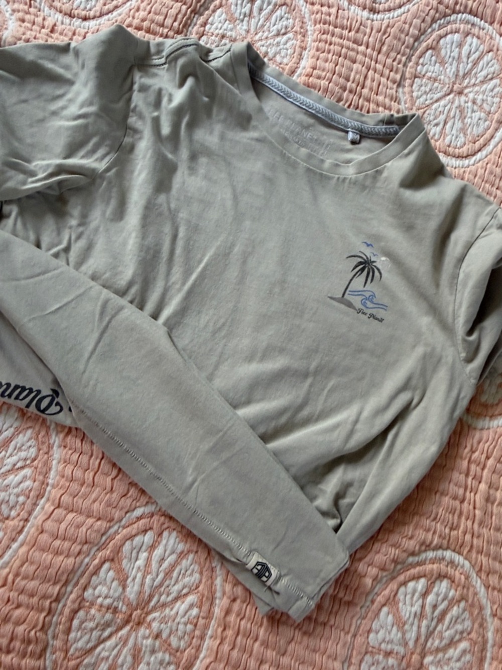 Free Planet Tan shirt Sleeve Tee with Palm Wave Chest Graphic